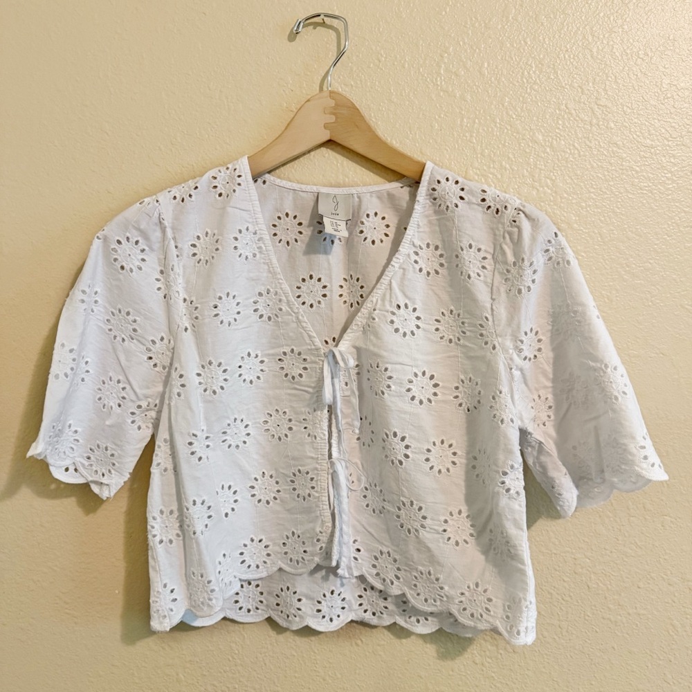 Joie Eyelet Short Sleeve Crop Tie-Front Top Blouse